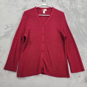 Vintage JM Collection Cardigan Sweater Womens L Red V-Neck Textured‎ Knit Preppy